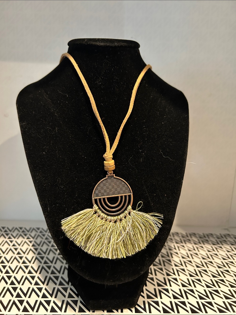 Boho Fringe Pendant Necklace in Light Green